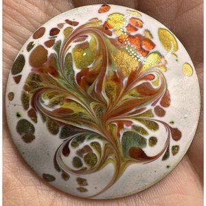 Mid Century Modern Abstract Enamel On Copper Brooch Pin Round White Gold Green‎